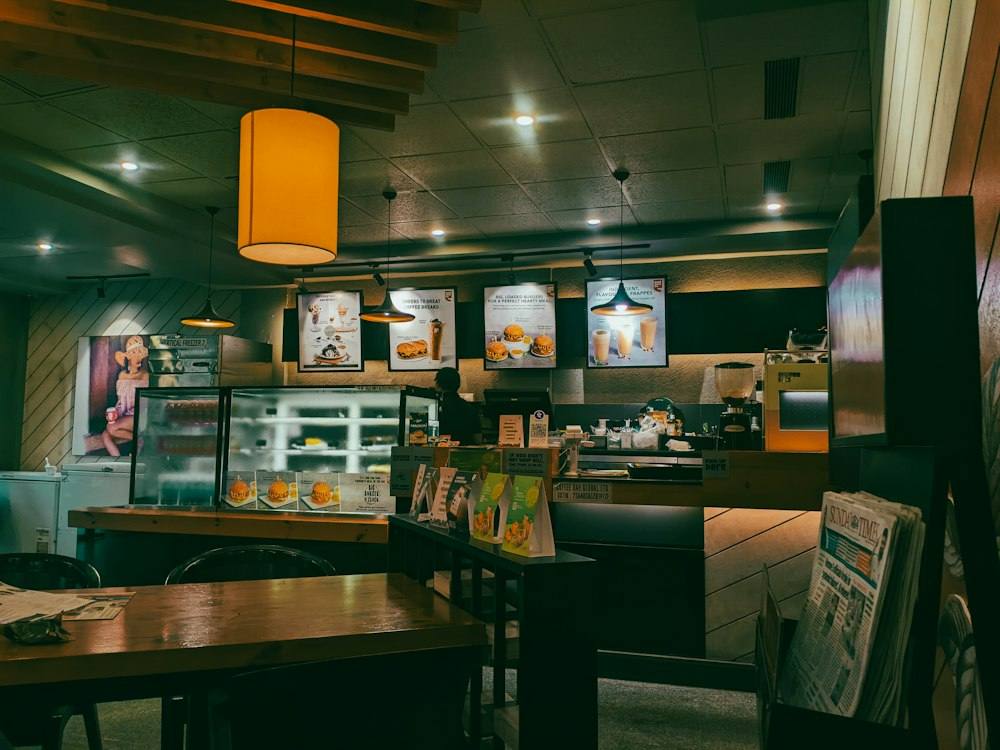 Coffee shop interior with warm lighting