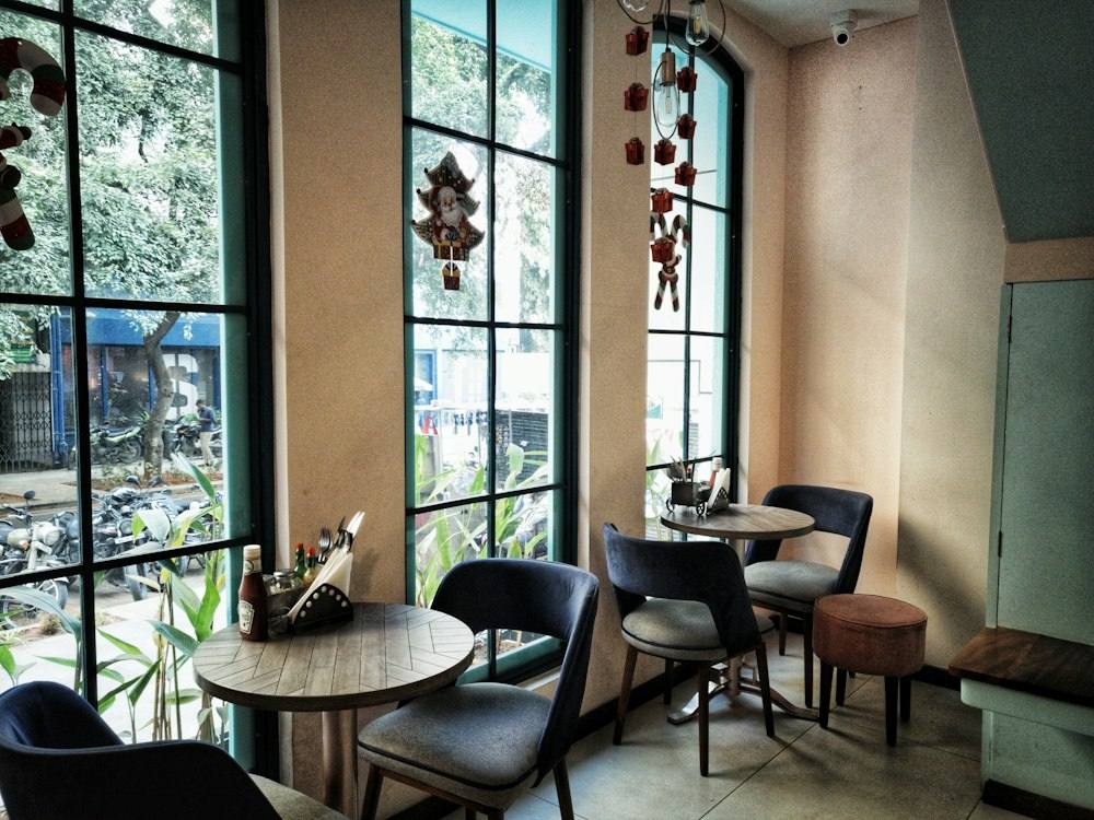 Bright café with round tables
