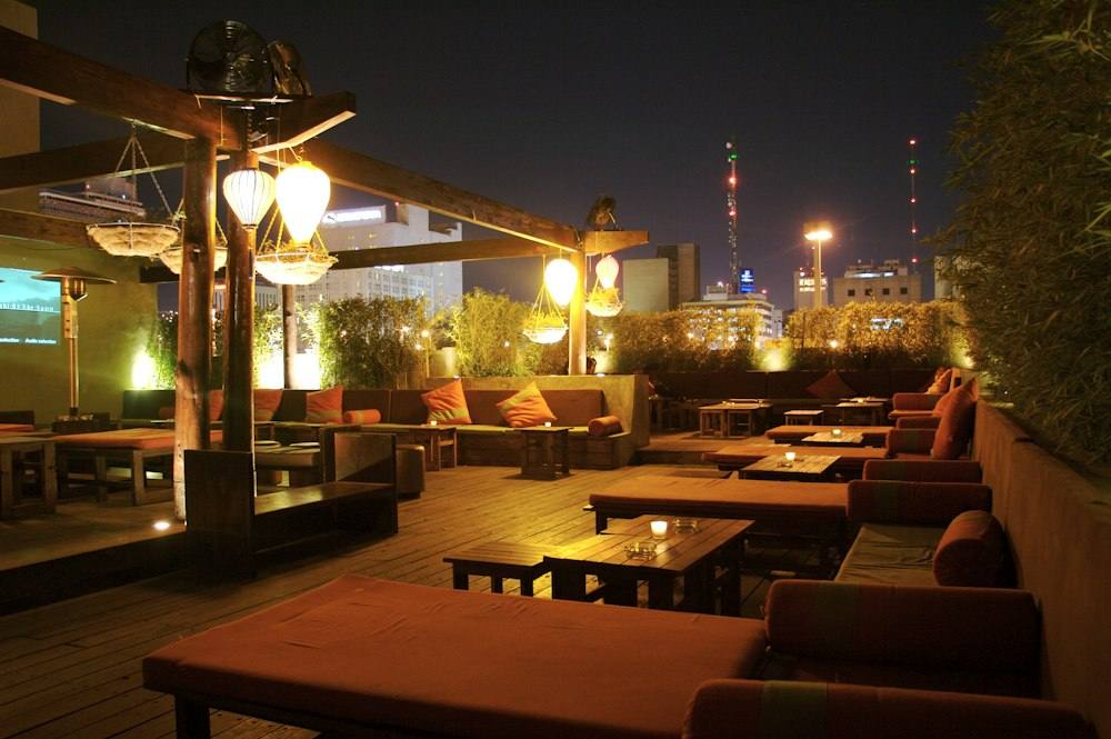 Rooftop restaurant at night
