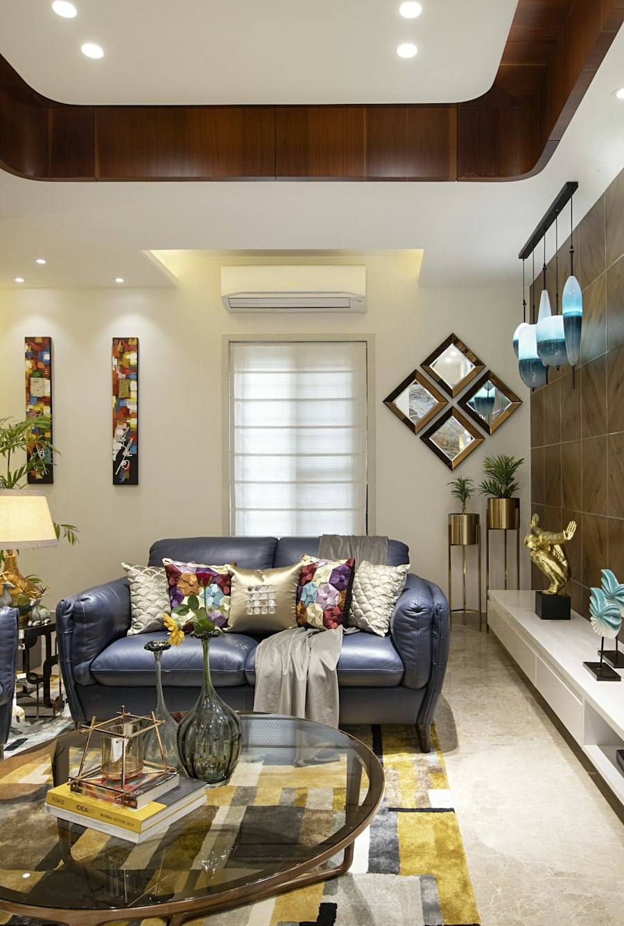 Living room with a blue couch