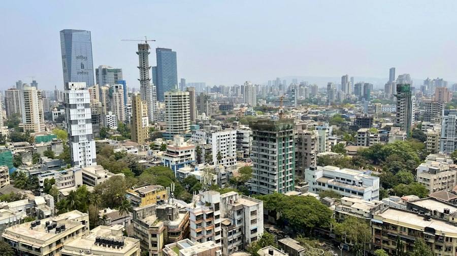 City skyline with tall buildings